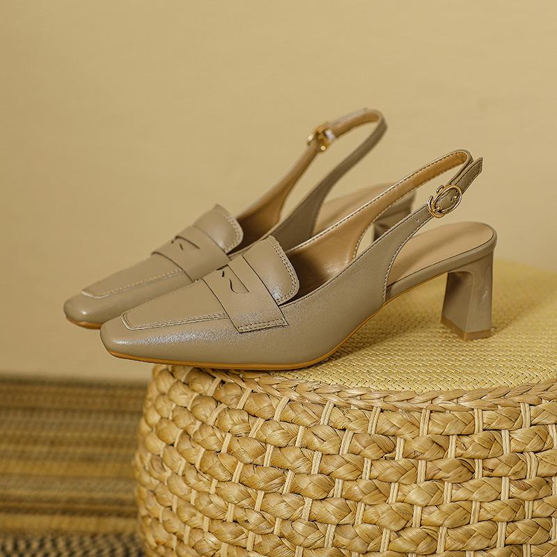 

French bag head sandals 2025 new summer leather one-word with square head high heels temperament thick heel empty single shoes 40 хакі