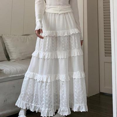 Hochwertige Weiße Niedliche Röcke für Damen Sommer High Waist A-Linie Rock Langer Rock Haken Blume