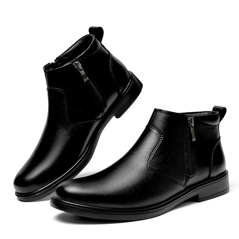 Fashion Brogue Chelsea Men Boots Classical Style Leather Ankle Boots Genuine Leather Mens Winter Plush Snow Botas Walking Shoes