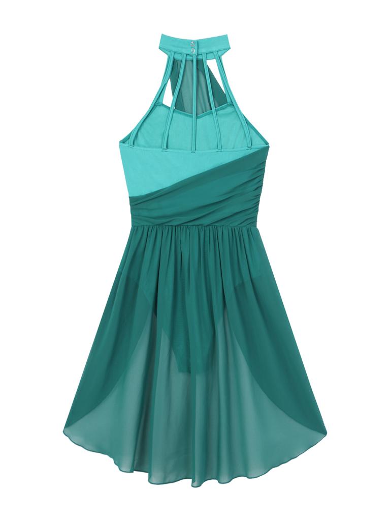 Costume de danse de gymnastique en mousseline de soie pour femmes, robe de danse lyrique, Costume contemporain moderne, col licou, vêtements de danse en mousseline de soie