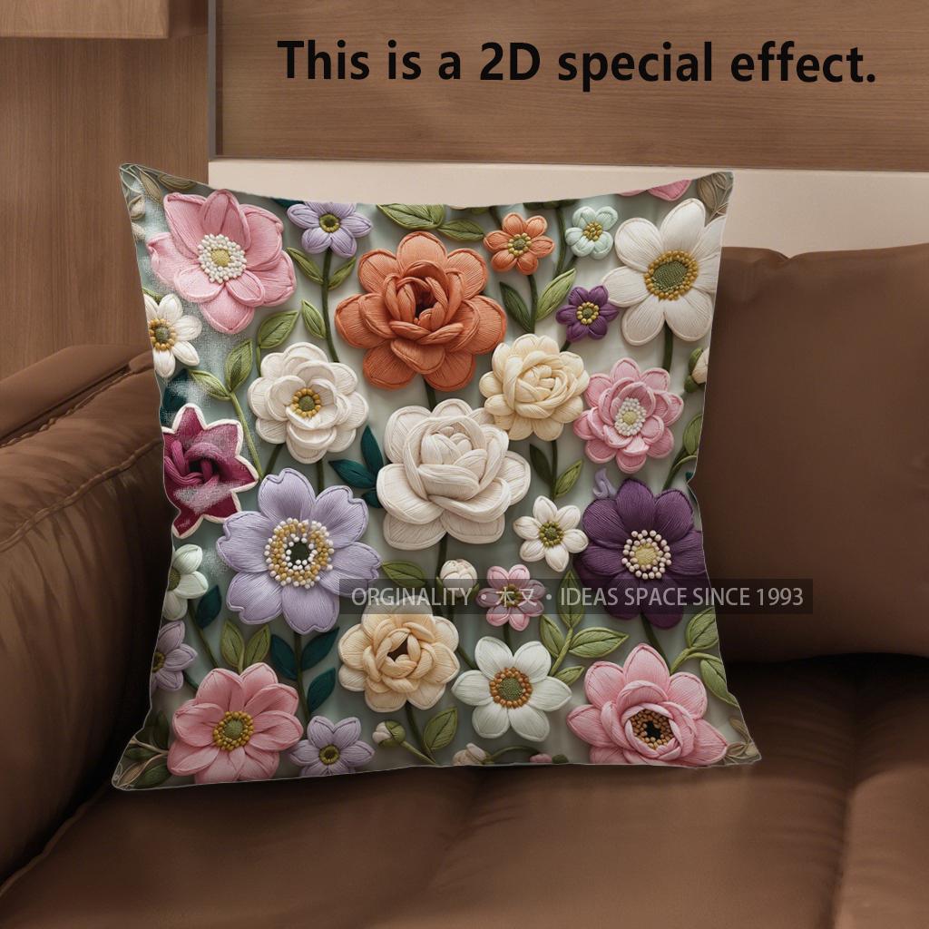 2D Vintage Embroidered Style Floral Throw Pillow Covers Pattern Cushion Cover Suitable For Sofa Bedroom Car Pillow Cover