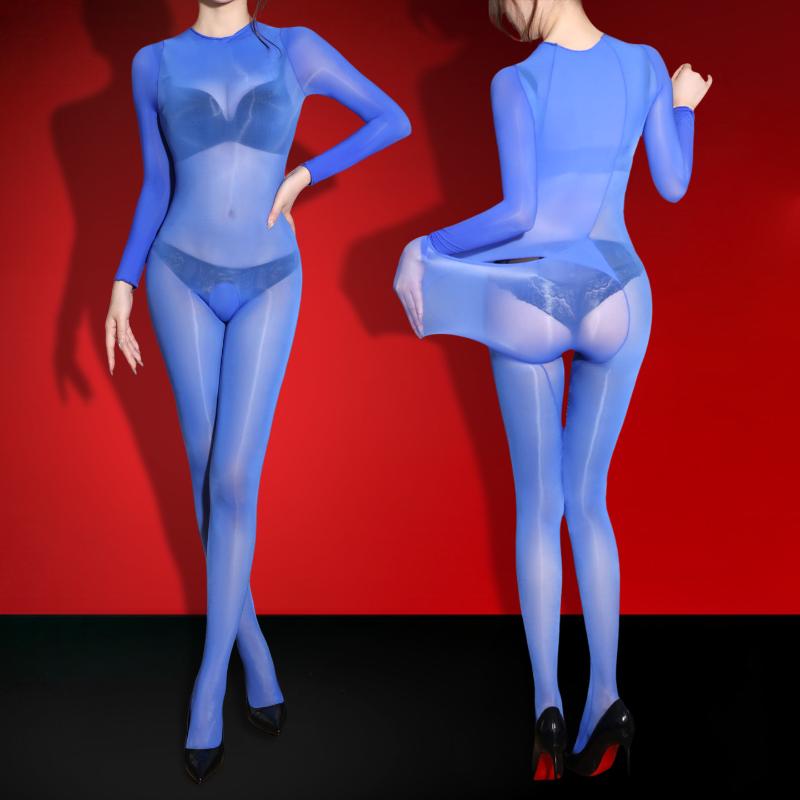 Women Sexy Fullbody Stockings Transparent Open Butt Jumpsuit With Silk Five-Finger Oil Shiny Glossy Sheer Elastic Tights