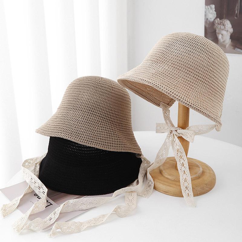 Japanese Minimalist Knit Bucket Hat For Women Wide Brim Sun Hat With Ribbon Beach Cap For Travel Outdoor City Casual Sunhat New