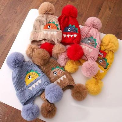 A Children's Dinosaur Wool Hat Winter New Cartoon Jacquard Knitted Hat Medium and Older Boys and Girls Ear Hats