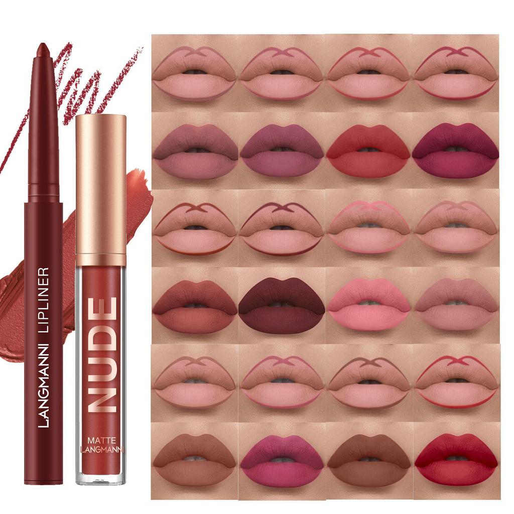 Langmanni 2-Piece Matte Lip Gloss & Liner Set - Long-lasting, Non-Transferable Makeup