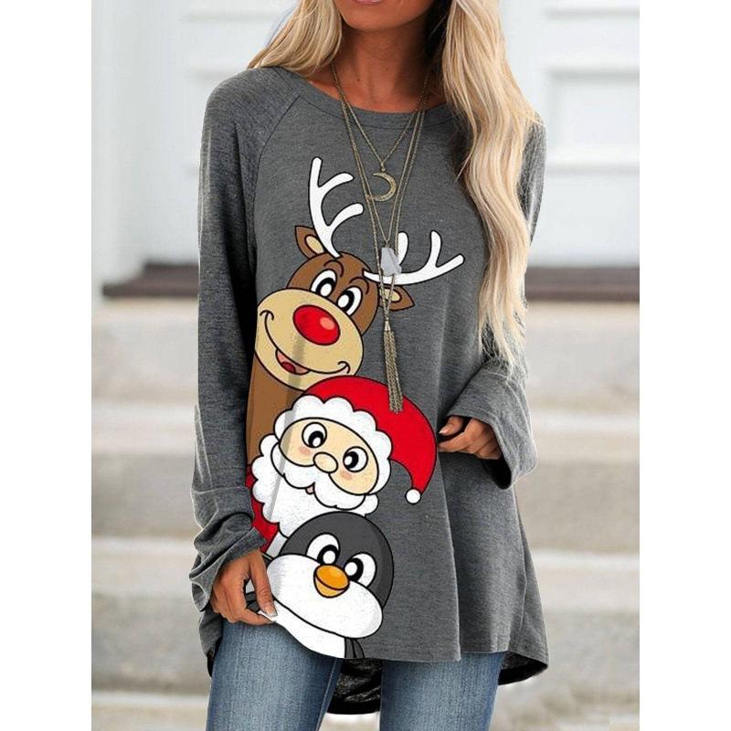 Christmas Gift 3D Printed Long Sleeved T-shirt for Women, Fashionable New Year Round Neck Top