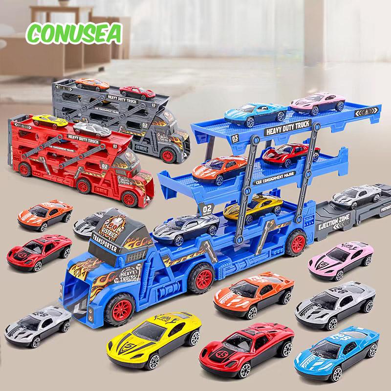 Children's Folding Transport Truck Car Model Set Vehicles Trailer Three-Layer Ejection Railcar Boy's Catapult Rail Toys Boys