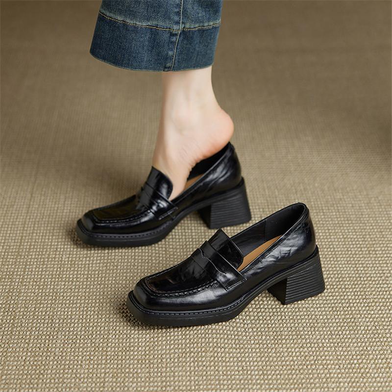 Fashion New Spring/autumn Genuine Leather Women Shoes Square Toe Loafers Shoes for Women Fashion Retro Chunky High Heels Women Pumps