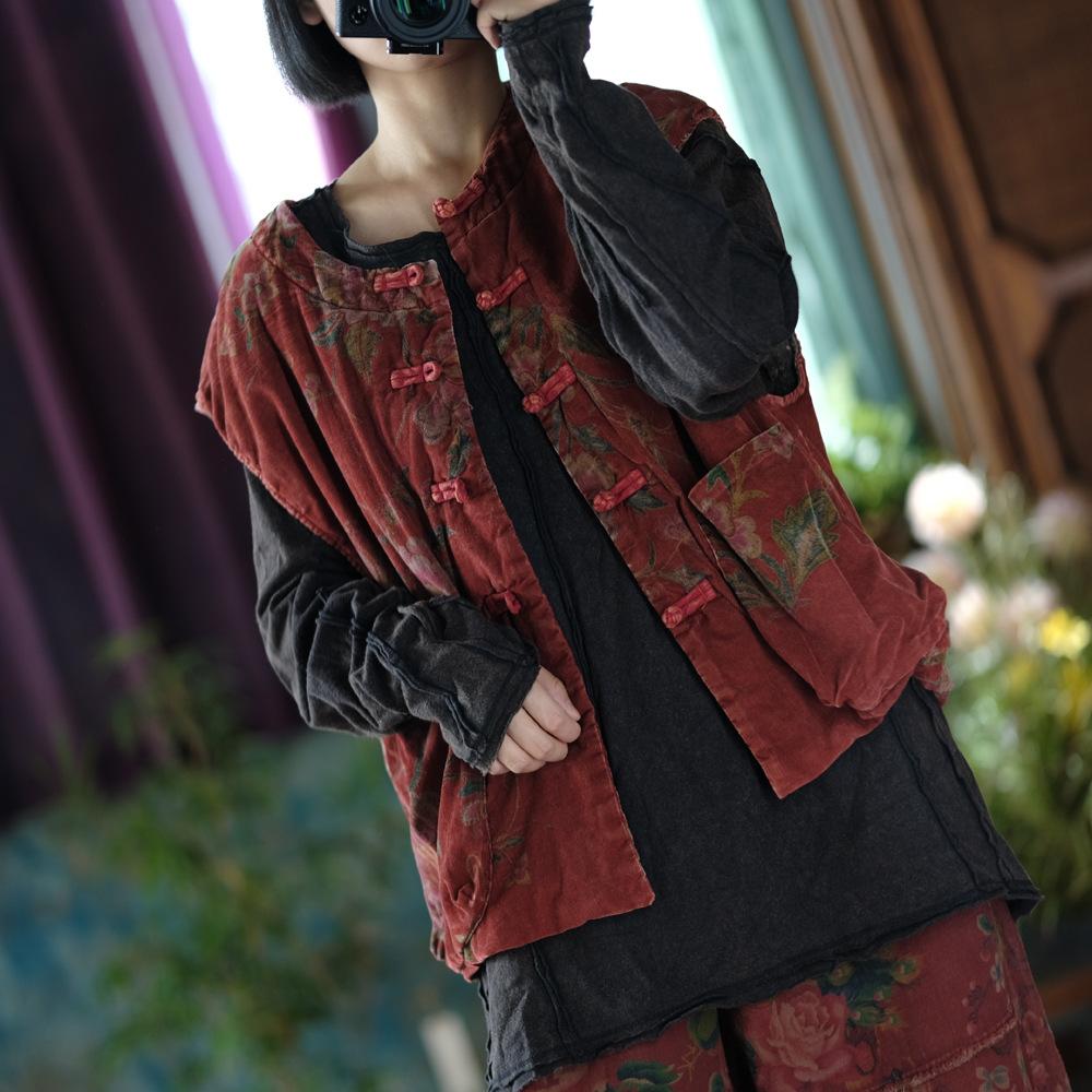 Johnature Women Coats O-Neck Sleeveless Print Floral Autumn Button Pockets Female Chinese Coats