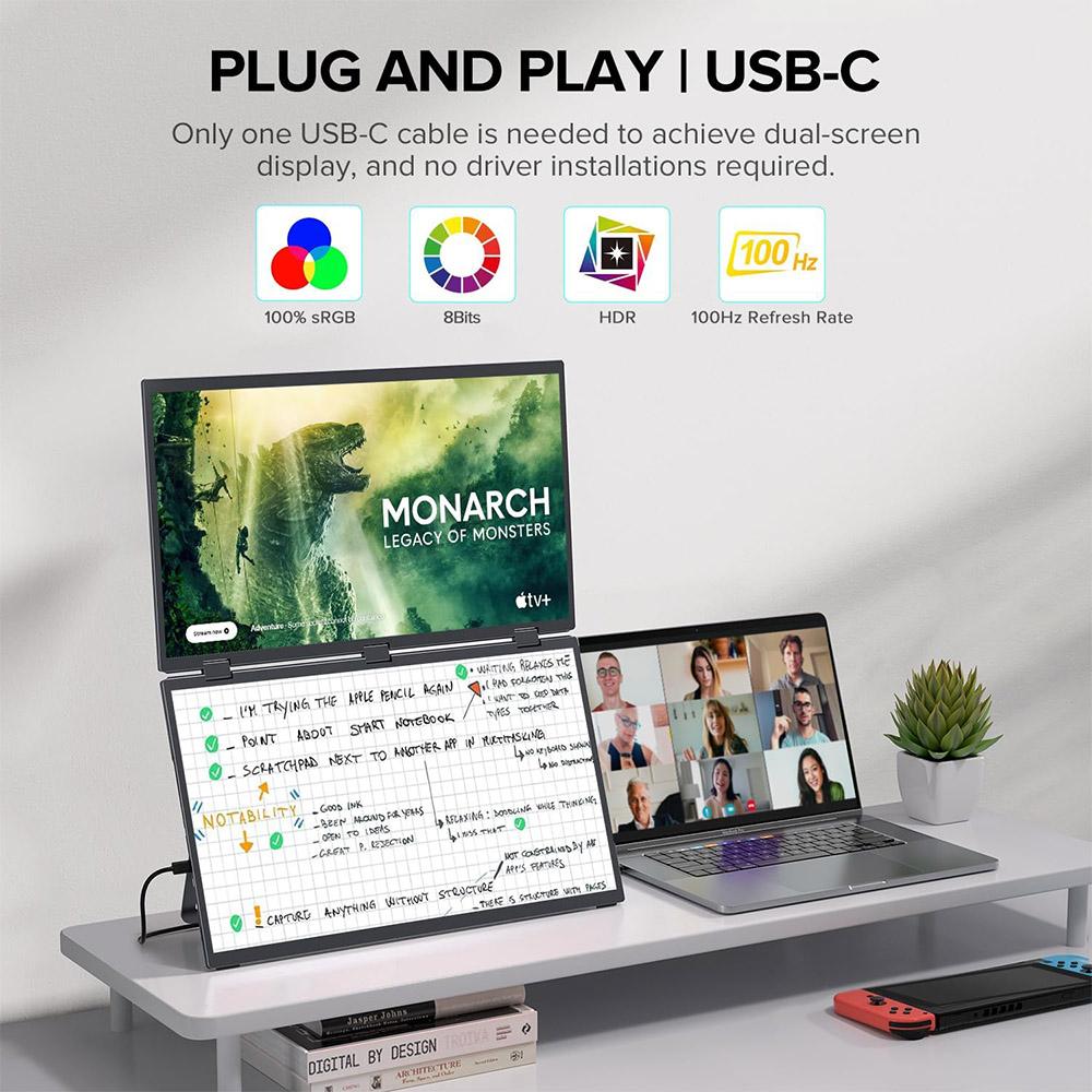 UPERFECT Delta Max 18.5-inch Dual Screen Portable Monitor, 1920*1080 IPS Screen, 100Hz Refresh Rate, 100% sRGB, Built-in Speaker, Driver Free