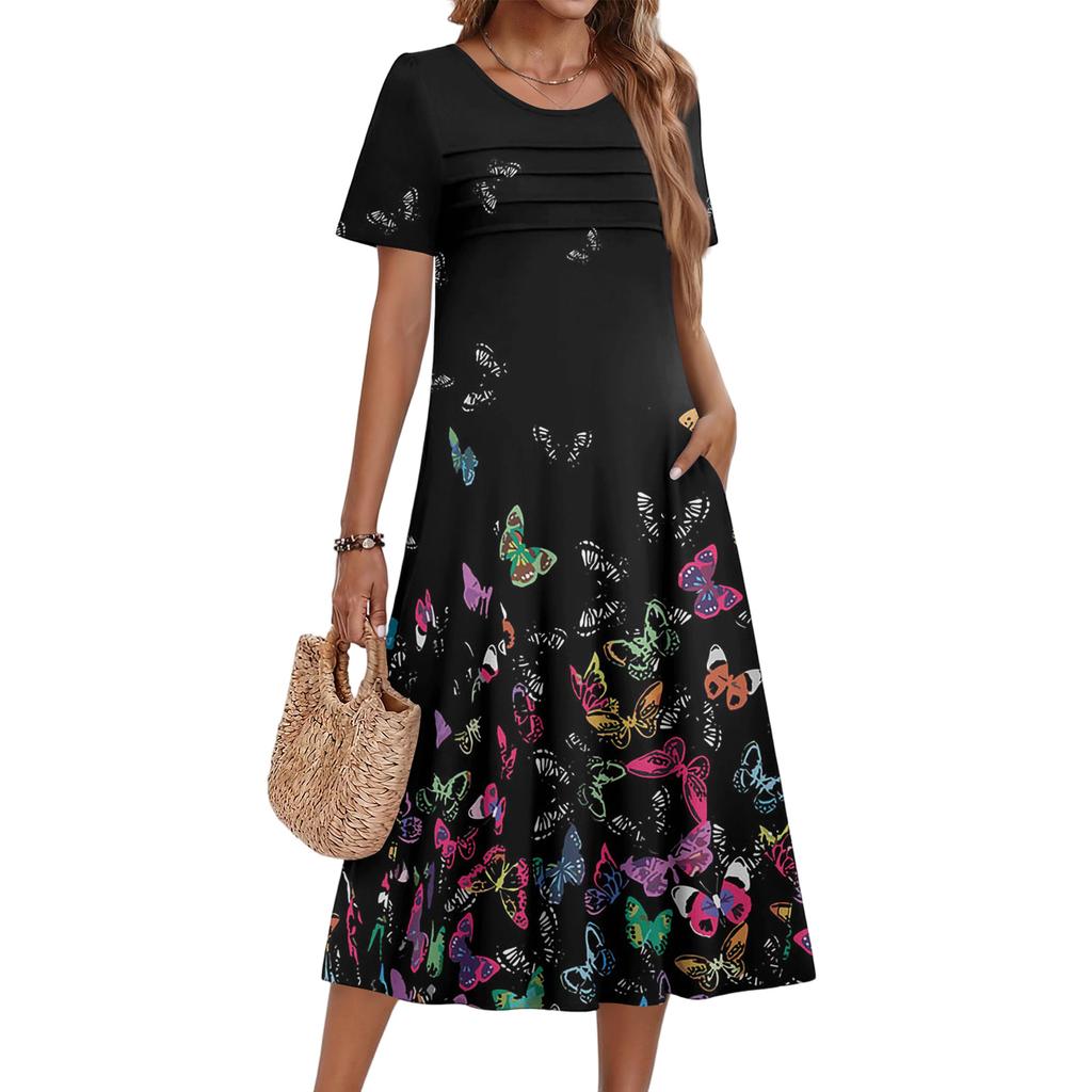 Ladies' Floral Printed Casual And Fashionable Short Sleeved Round Neck Dress