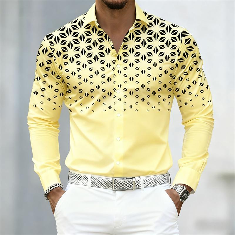 10 Colors of Men's Shirts, Fashionable Geometric Pattern Print Long Sleeve Shirts, Personalized Trendy Slim Lapel Casual Shirts
