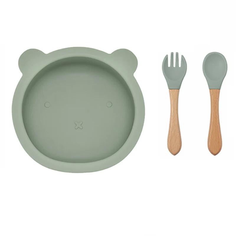 3Pcs/Set Baby Silicone Ventosa Tigela Colher Garfo Conjunto BPA Livre Cabo De Madeira Garfo Colher Alimentação Infantil Antiderrapante Conjunto De Talheres