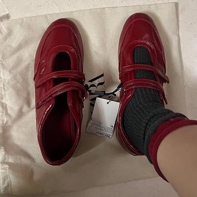 Cowhide Version~ Retro Red French Mary Jane Shoes Women's Velcro Ballet Single Shoes Flat Casual Training Shoes
