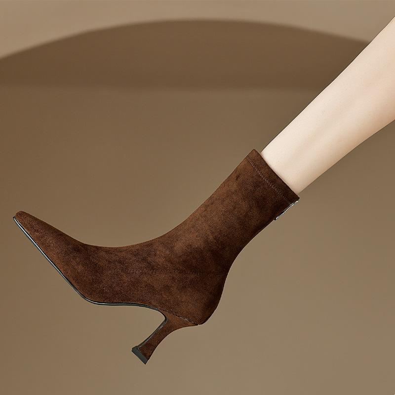 High Heel Pointed Socks Boots Women's Stretch Boots Suede Single Boots Fine Heel Medium Boots Short Boots