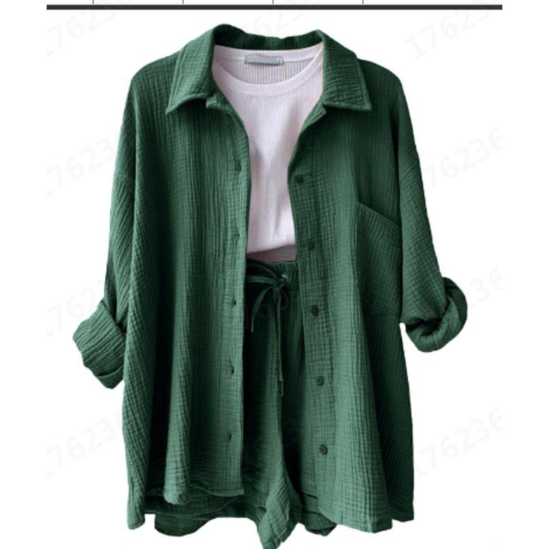 And Summer New Arrival Women's Clothing Fashion Style Champray Lapel Long Sleeve Shirt High Waist Drawstring Shorts Fashion Casual Two-Piece Suit