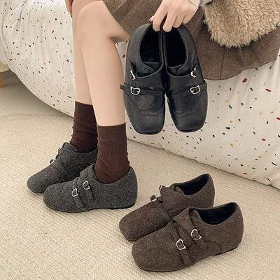 Single Shoes Women'S Retro Plush Plush Plush Shoes Winter Wear Square Head Warm Gray Thick Sole New French No