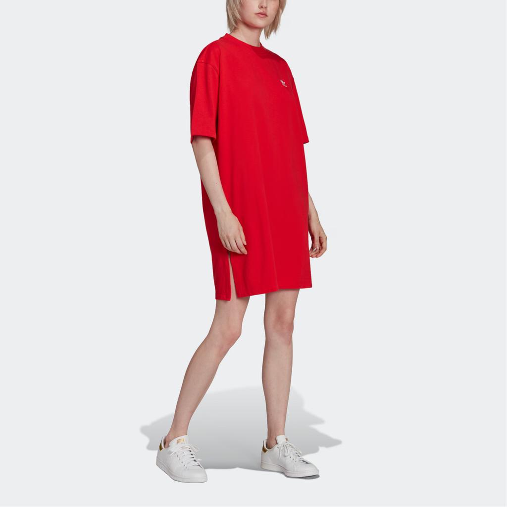 Adidas Originals Sports Lifestyle Series Side Slit Loose Fit Comfortable Short Sleeve Dress Women dresses Bright-Red HC2051