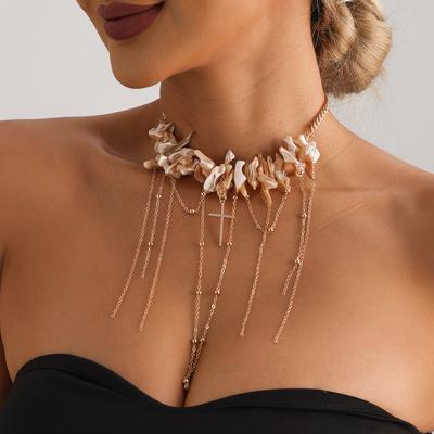 Gioielli Nappa di Conchiglie Irregolari Croce Mix and Match Catena Clavicola Collana Stile Vintage