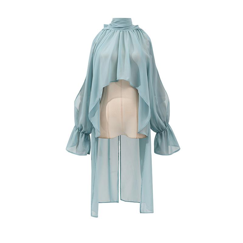 Women's Sleeveless Bell Sleeve Top with High Neck and Crop Hem In Light Blue