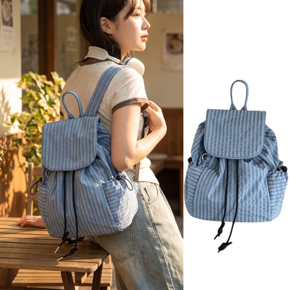 Korean Drawstring Backpacks Solid Color Student Schoolbag Stylish Plaid Nylon Backpacks  Men Women
