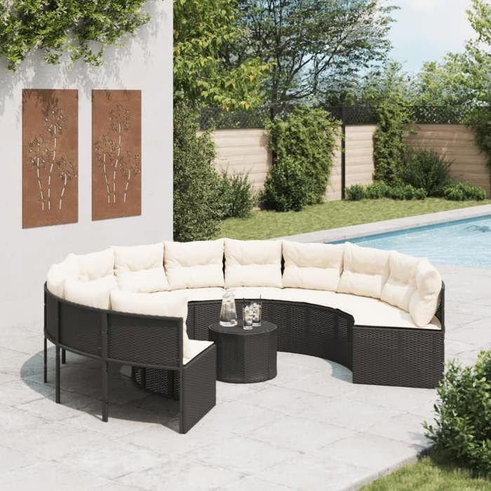 VidaXL Canapé de jardin avec table coussins rond noir résine tressée, canapé d’extérieur, canapé de forme ronde, canapé de 3318544