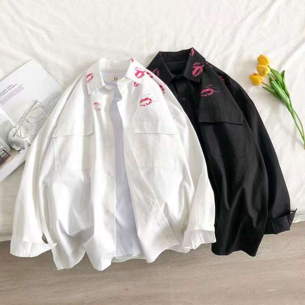 Camicia a maniche lunghe con stampa di labbra, casual e alla moda, da uomo e da donna, estiva, sottile e ampia