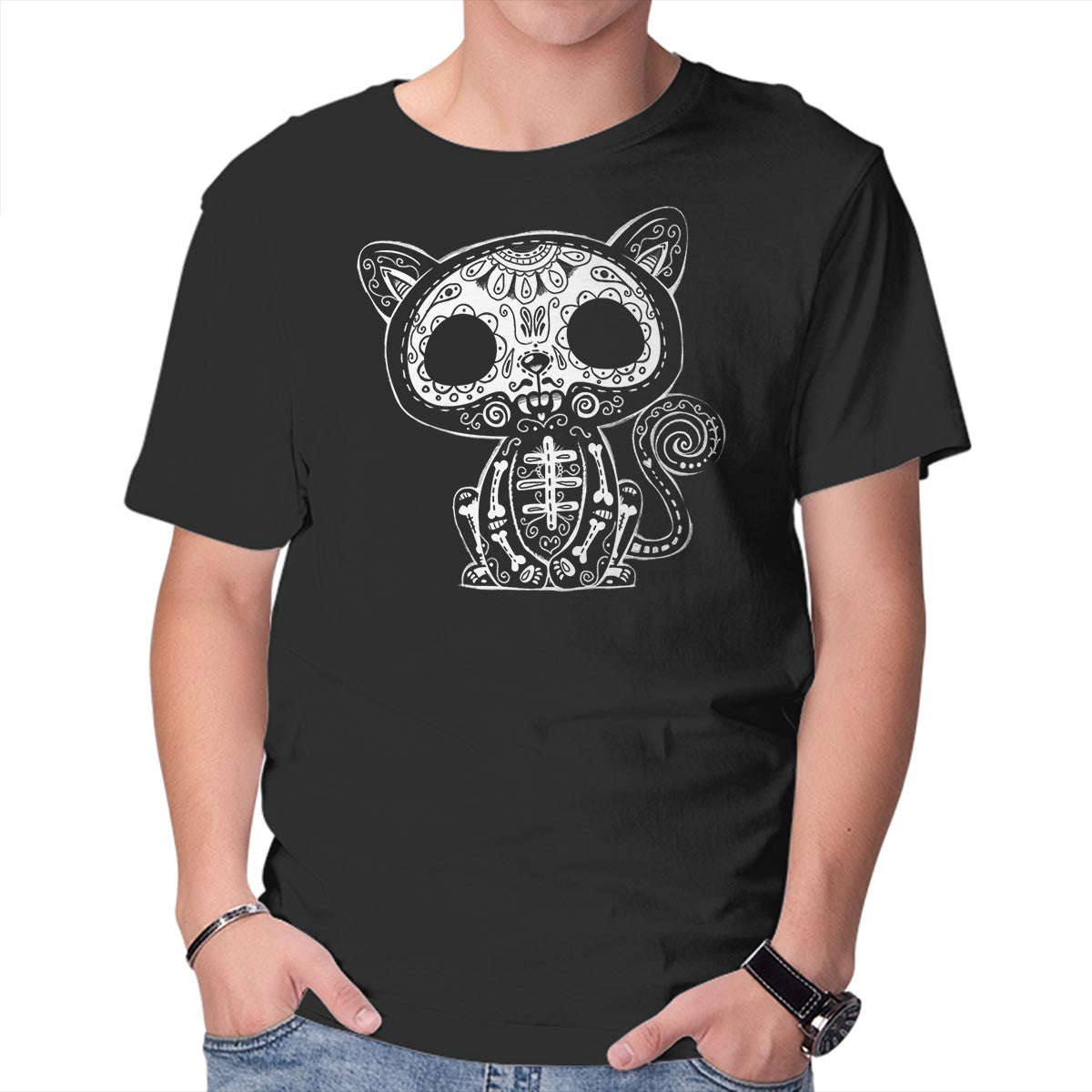 Unisex Crew Neck T-Shirt Day of the Kitty Graphic Short Sleeve Casual Tee M