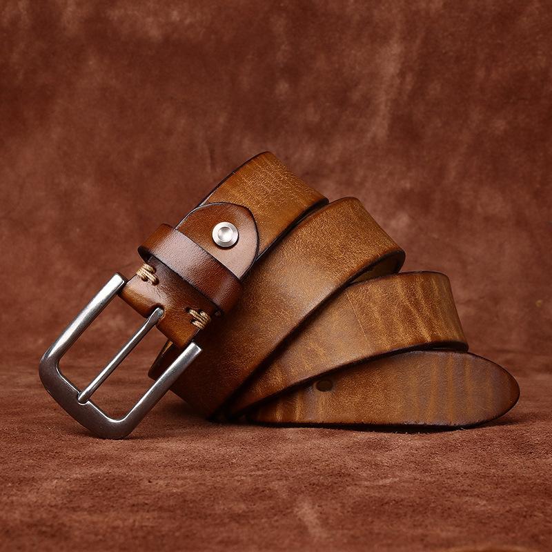 Rare Thickened Extra Thick First Layer Cowhide Belt Men'S Genuine Leather Stainless Steel Buckle Washed Retro Simple Casual Belt