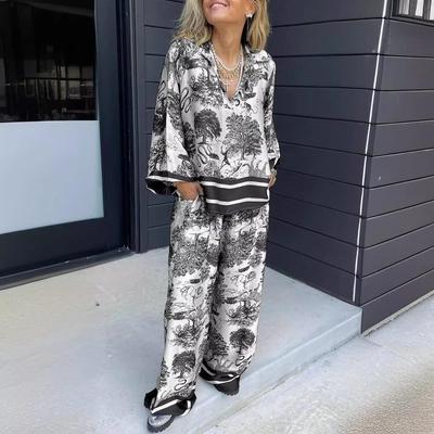 2024 V-Ausschnitt Druck Langarm Damenmode Set mit Taschen