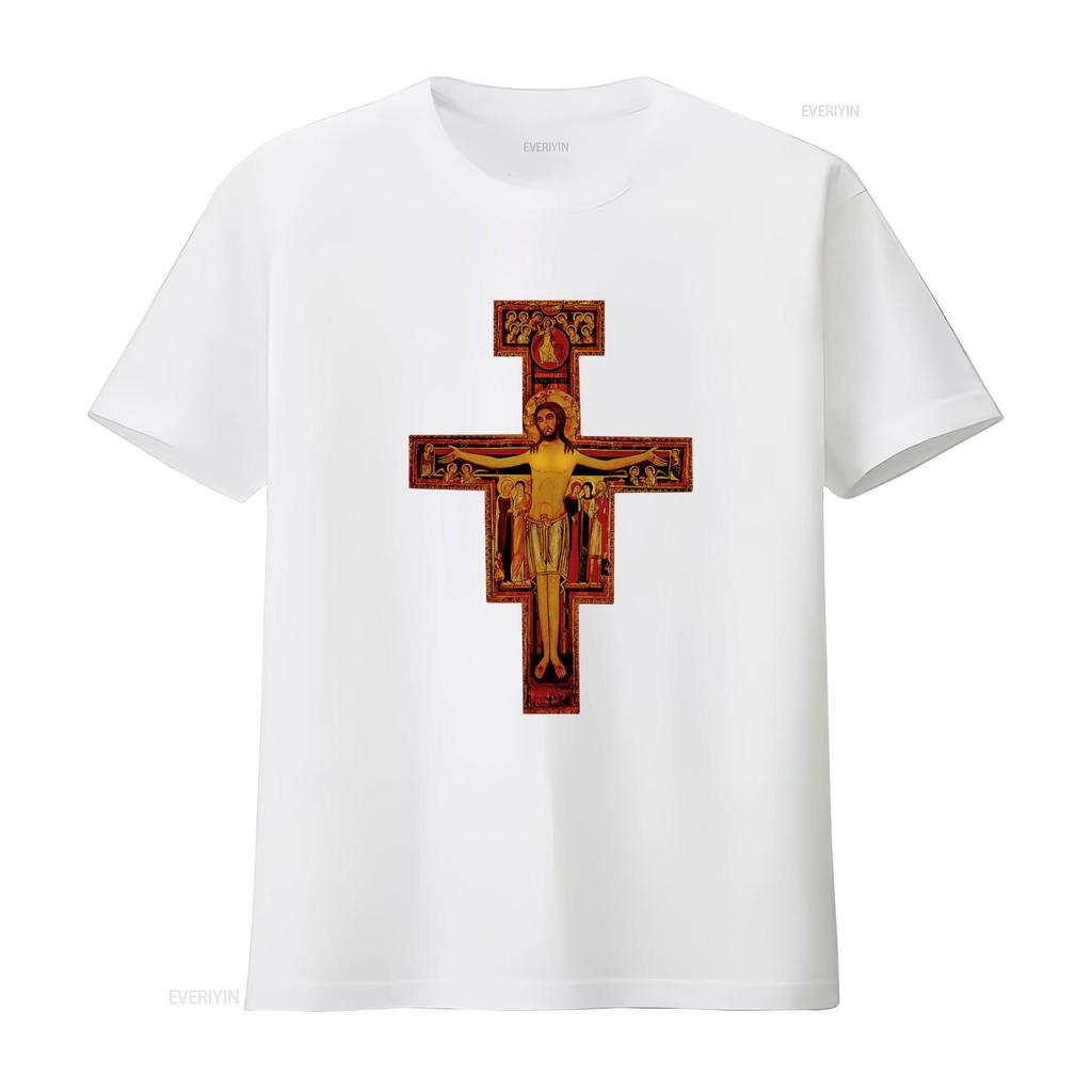 St Francis of Assisi San Damiano Cross Catholic Eastern Retro Unisexs T Shirt Vintage Washed Slightly Casual Stylish Versatile