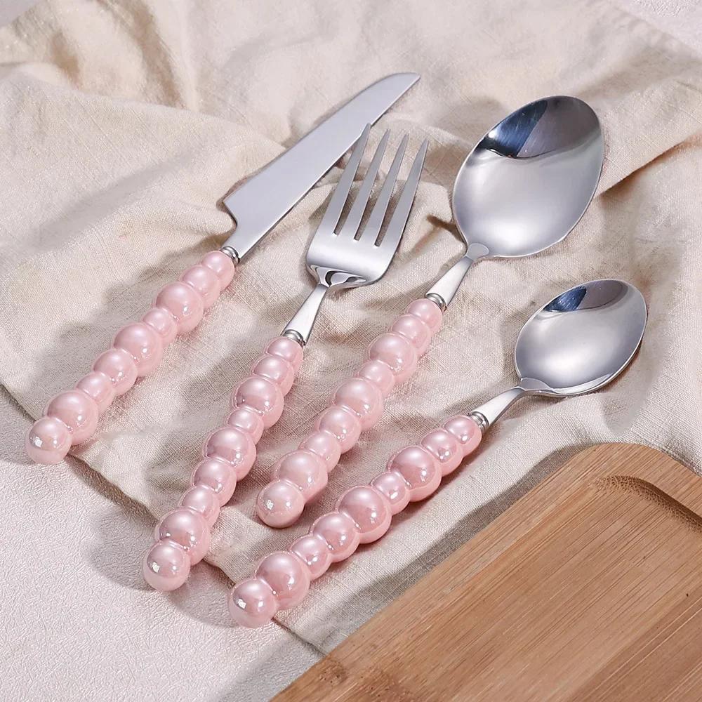 1Pcs Luxury Dinnerware Set Ceramic Pearl Handle Stainless Steel Spoon And Fork Set Western Silver Cutlery High-looking Tableware