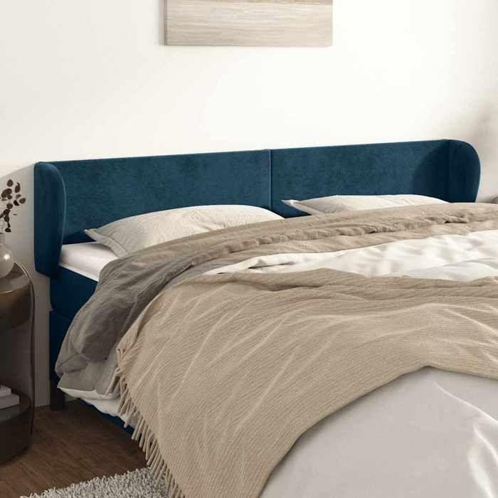 Tête de lit - Avec oreilles (classique) - Velours bleu foncé - Pieds bois massif - 203 x 23 x 78/88 cm