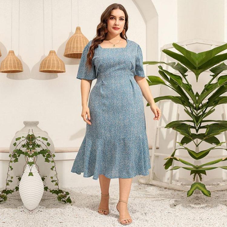 Women Plus Size Floral Summer Dress Square Neck Short Sleeve Slim Fishtail High Waist XL 5XL