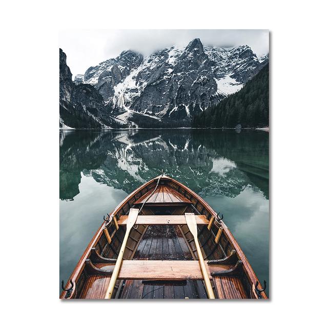 Scandinavian Natural Landscape Wall Art Poster Mountain Lake Boat Print Oil Painting Modern