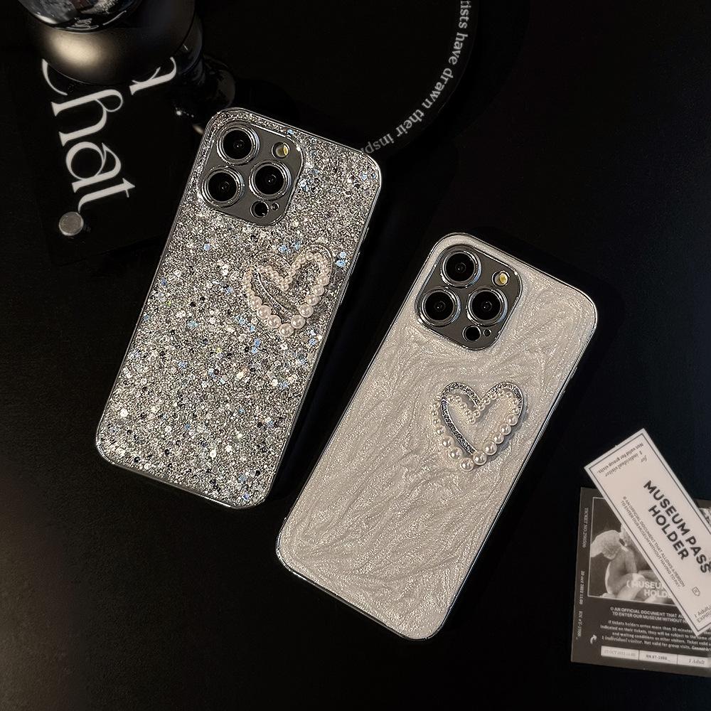Glitter Pink Three Dimensional Pearl Love IPhone 14 Mobile Case 13 Apple 16 ProMax Glue 11 Glitter Powder 15 Applicable