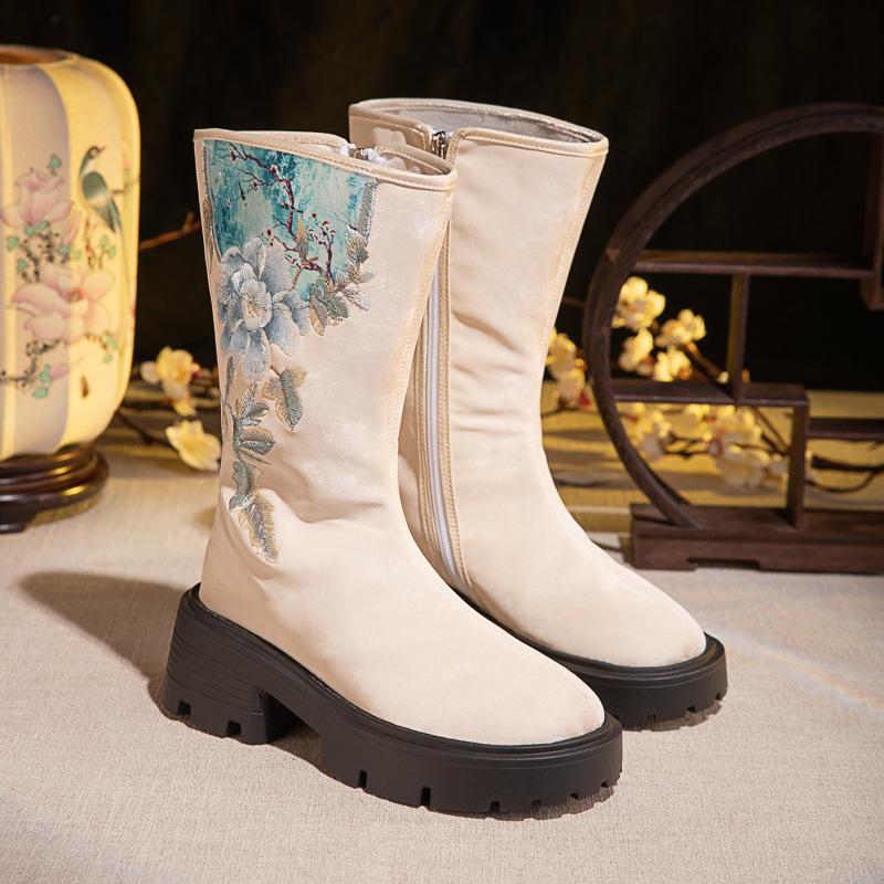 Women's Winter Warm Platform Mid-Calf Snow Boots Low Block Heels Embroidered Chelsea Booties Shoes for Women Faux Fur Lined Walking Boots With Zipper