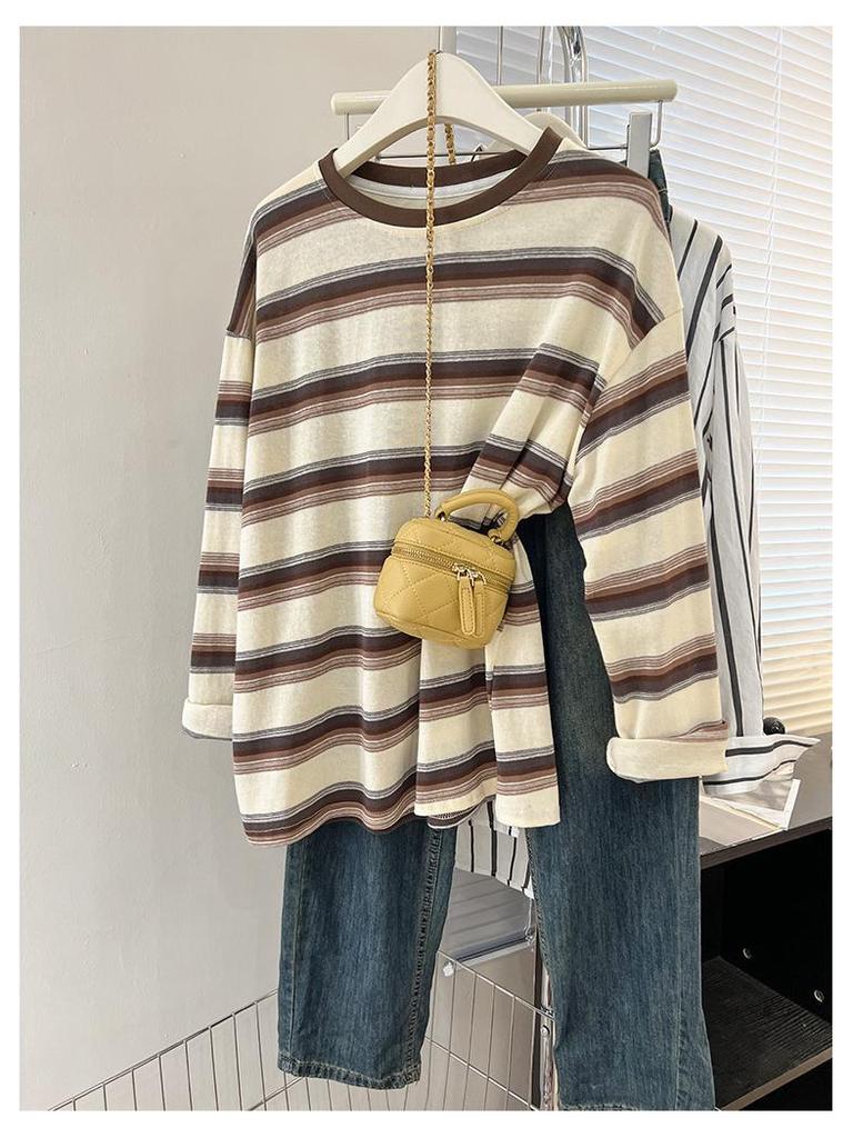 Women's Black Striped Long-Sleeve T-Shirt, Spring/Autumn 2025 Trend, Designer Look, Unique Base Layer, Loose Fit