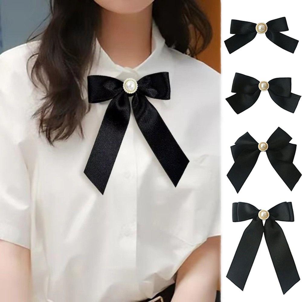 Black Satin Bowknot Brooches Pearl Badge Pin Elegant Clothes Accessories For Funerals and Mourning