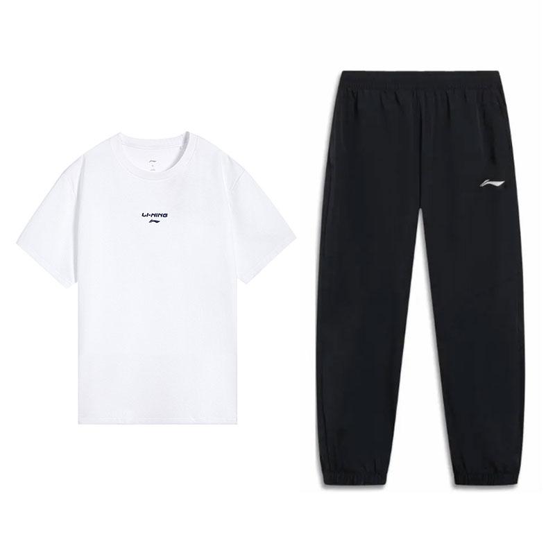 Li-Ning Summer Breathable Versatile Short Sleeve T-Shirt Comfortable Long Pants Sports Set Men sets Standard-White Black W875-1+T415-1