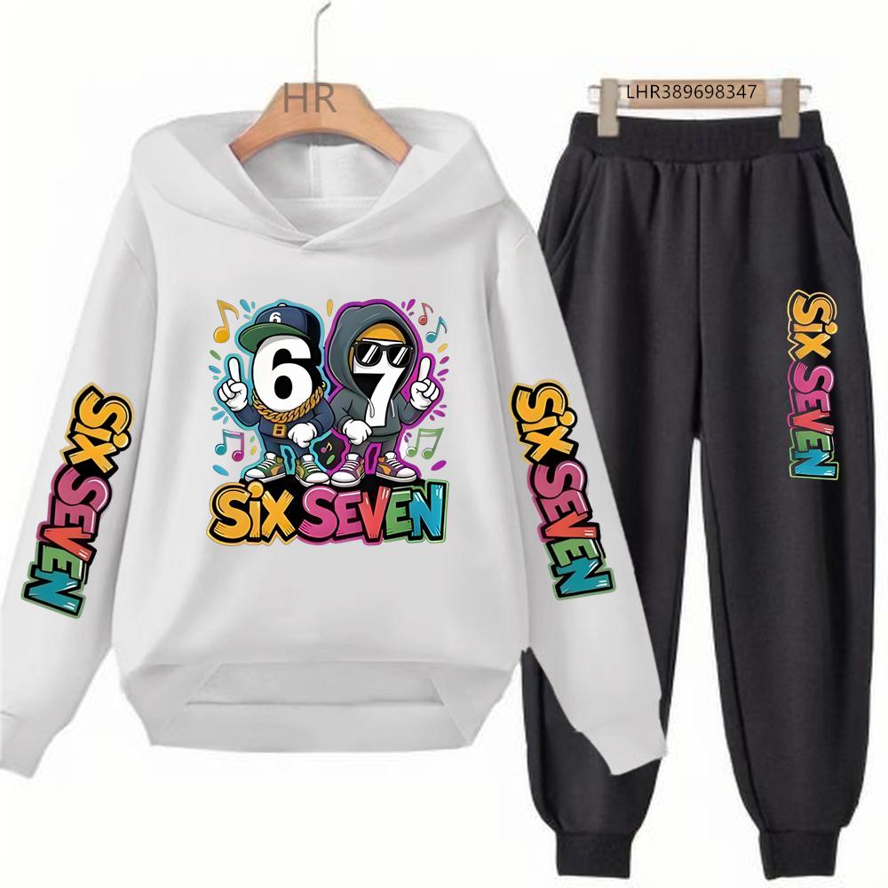 Autumn Kids Hoodie Black Boy Girl White Pink 3-12Yrs 67 Six Seven Print Clothing Casual Top+Trousers Child Gift Coat Set