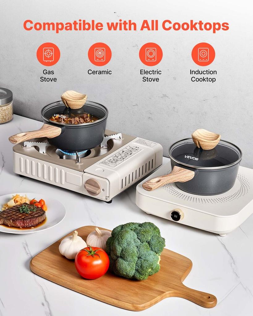 1.5 QT Saucepan, Nonstick Saucepan with Tempered Glass Lid, Multipurpose Cooking Sauce Pot with Detachable Handle, Sauce Pan Small Kitchen Cooking Pot
