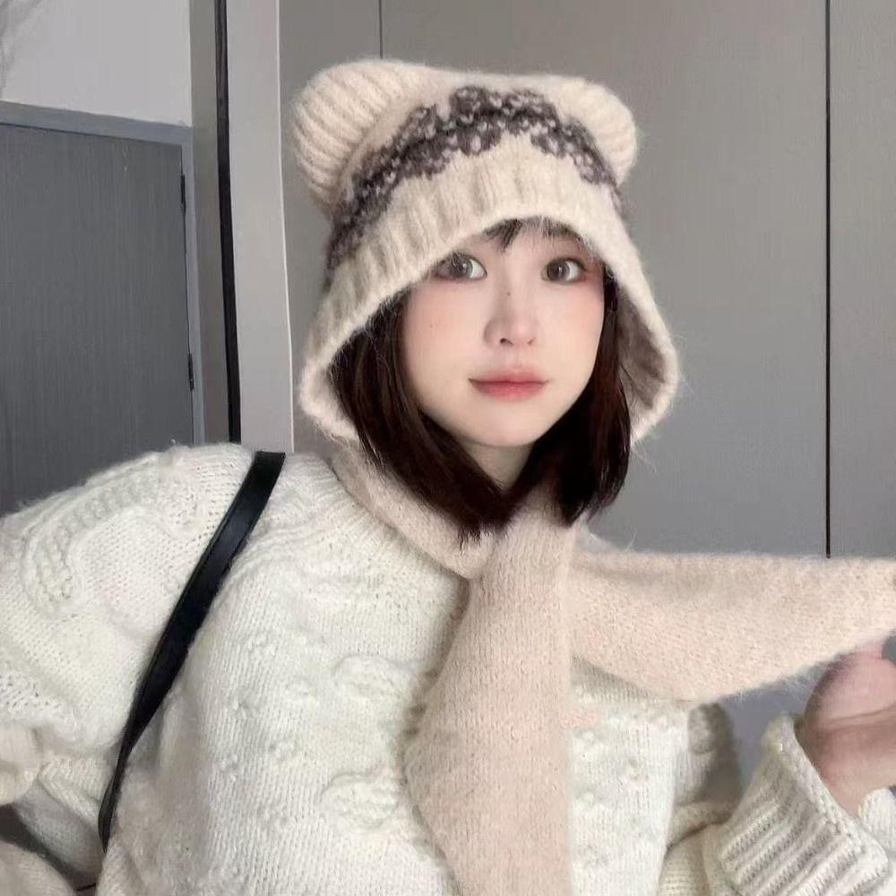 Ethnic Style Jacquard Knitted Hat Fair Isle Style Printing Knit Cap Cute Bear Ears Beanies  Outdoor