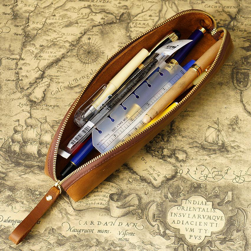 High Quality Creative Mini Pencil Box Small Crazy Horse Leather Zipper Easy Open Pen Holder Compact Pocket Pencil Case Custom