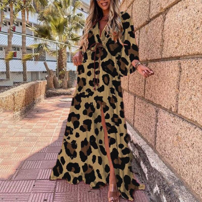 2026 Bohemian Loose V-Neck Split Hem Printed Maxi Dress Women Plus Size Flowy Long Sleeve Casual