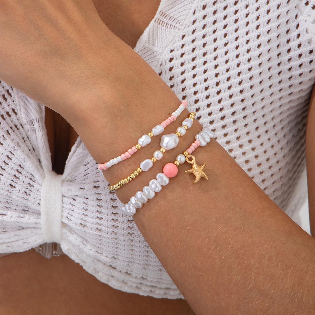 Ocean Wind Starfish Imitation Pearl Bracelet Set, Dopamine Color Rice Bead Beaded Elastic Jewelry