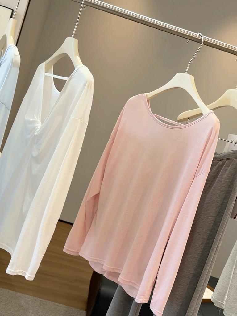 Women's Crew Neck Long Sleeve T-Shirt Loose Fit Korean Leisure Cover Up Top Solid Color Back Twist Knotted Sun Protection Blouse