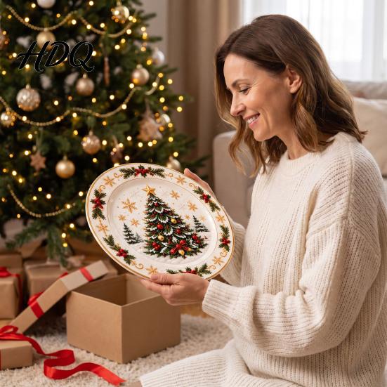 Winter Holiday Plate Wooden Christmas Round Plate Santa Snowman Stocking Tree Bell Sleigh Dish Table Centerpiece Decor Xmas Tabletop Ornament