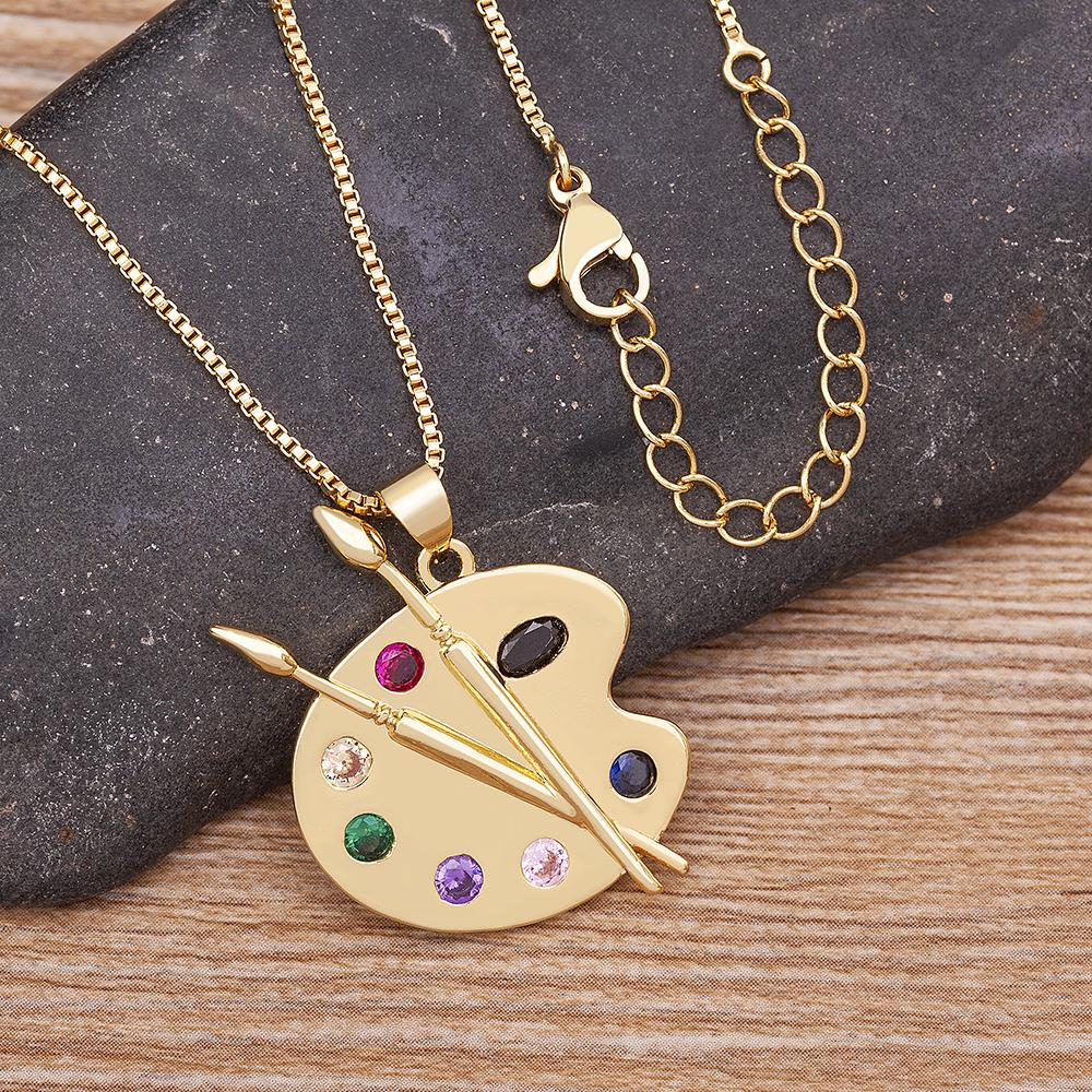 Fashion Painting Plate Colorful Zirconia Pendant Necklace for Women Art Pigment Palette Draw Brush Chain Link Jewelry