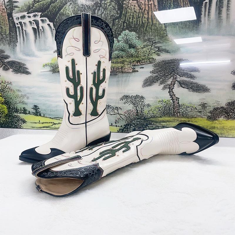 Kaktus kowbojskie botki damskie jesień nowe gruby obcas szpiczasty europejskie i amerykańskie nitowane haftowane botki